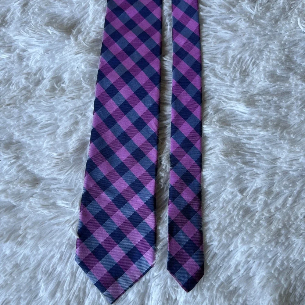 Ted Baker Plaid Checks Tie Purple Pink Navy 100% Silk Made in the USA 3.25